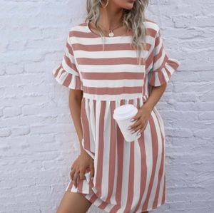 Womens Pink Stripe Ruffle-Accent Shift Dress Size Small